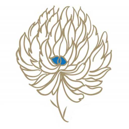 Logo Image for SMGraves Associates. Gold Clover blossom with small blue center.