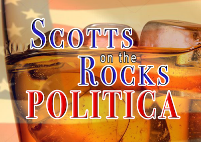 Official Logo of the Scotts on the Rock Politica Podcast. Red white and blue lettering on a background of a bourbon on the rocks. The extreme background a US flag.