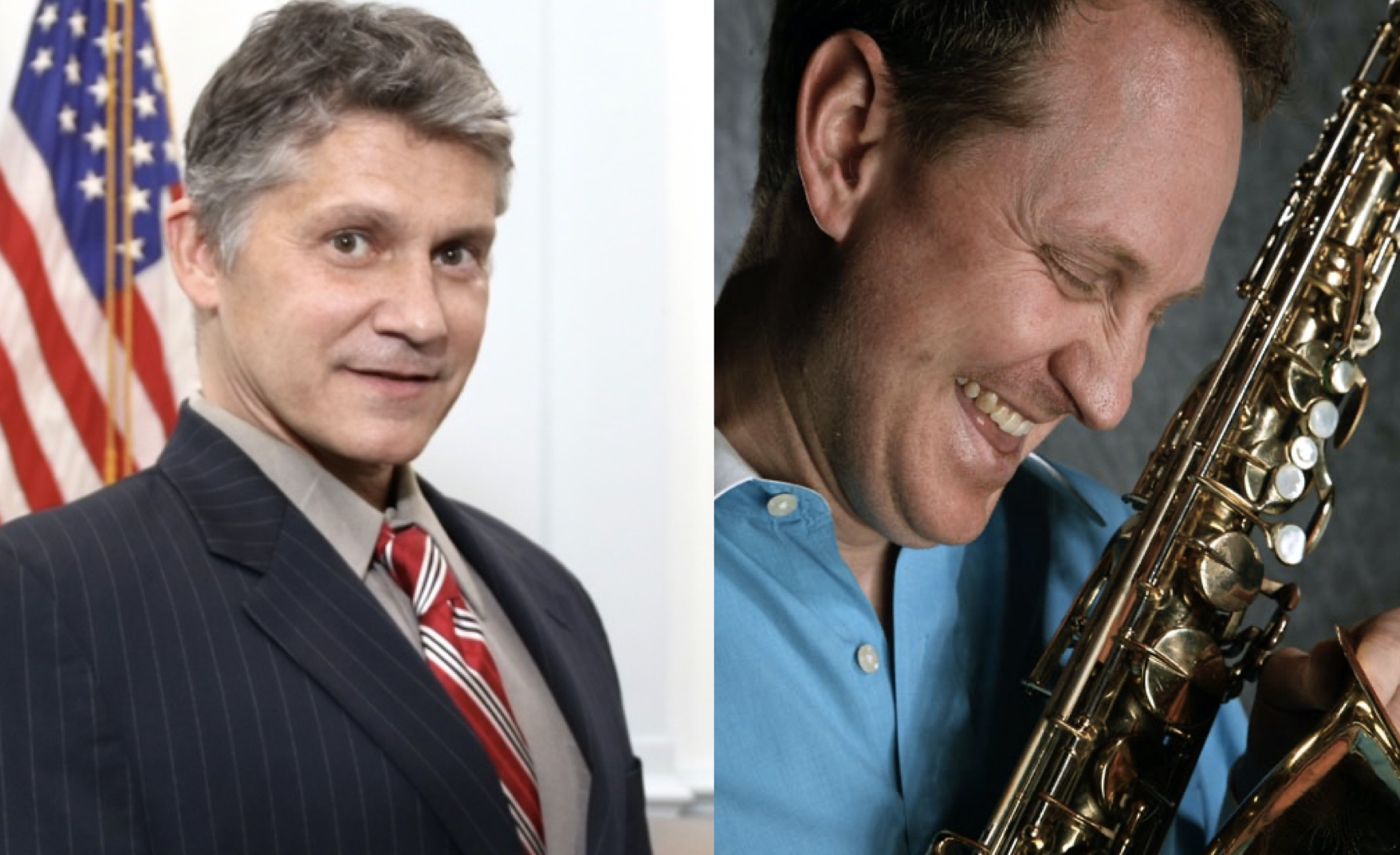 Two Scotts.001 Combined image of Scott J. Graves on the left, American flag in the background and Scott M. Graves with saxophone in hand on the right.