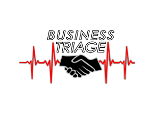 Logo for SMGraves Associates Business Triage Program, two black hands shaking in front of a medical scan with words Business Triage above