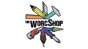 Official Logo of The Worcshop, a colorful rondel of various tools surrounding the name in black block letters