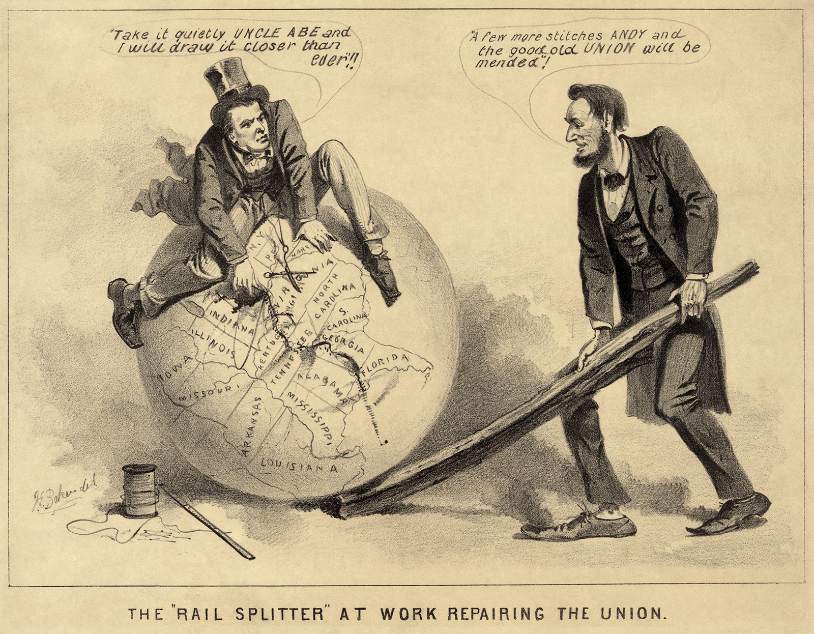 Lincoln_and_Johnsond Historic Imagery from Early Unites States Reconstruction, a newsprint political cartoon of Abraham Lincoln and Andrew Johnson