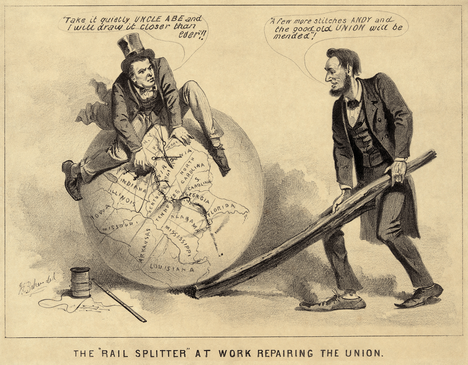 Historic Imagery from Early Unites States Reconstruction, a newsprint political cartoon of Abraham Lincoln and Andrew Johnson