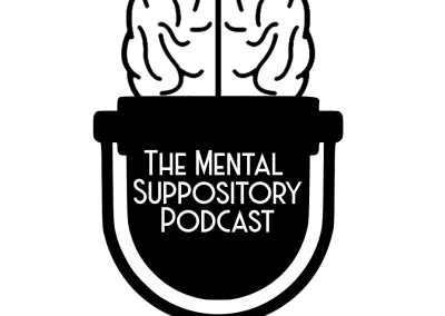 Logo for the Mental Suppository Podcast. Brain inside a 1950's era microphone. Black and White