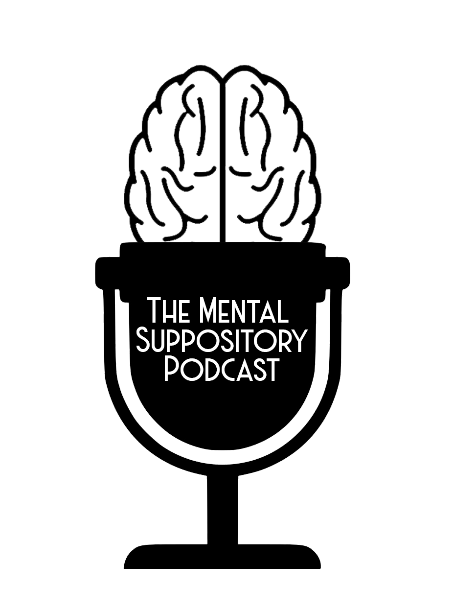 Logo for the Mental Suppository Podcast.  Brain inside a 1950's era microphone. Black and White