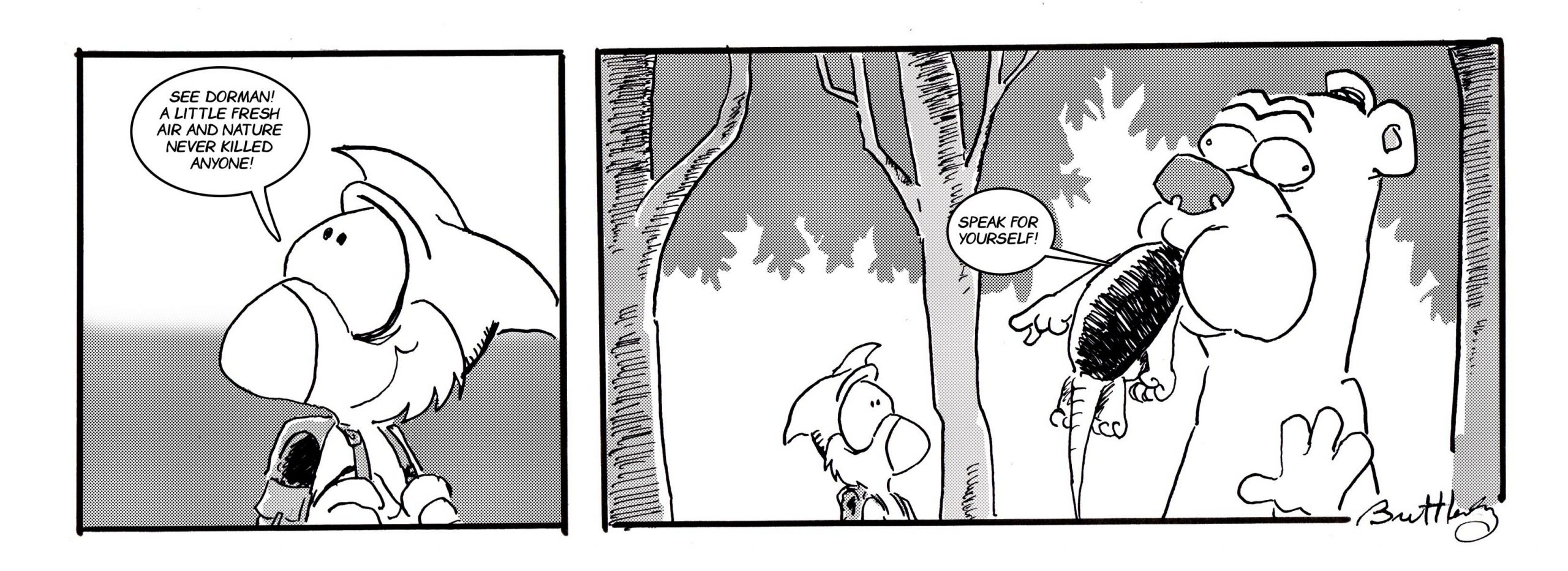 19-1-1 B&W snippet of comic strip 'Dorman' by Mental Suppository Podcast host Bret M. Herholz
