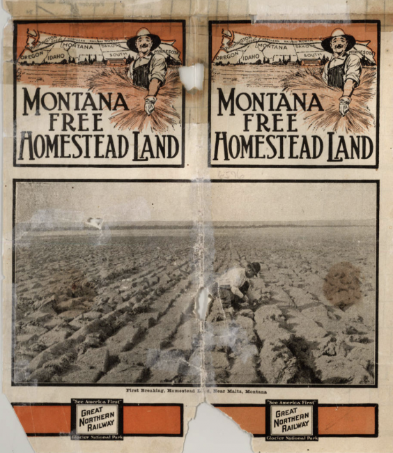 Railroad advert regarding homestead act land available in Montana, 1914