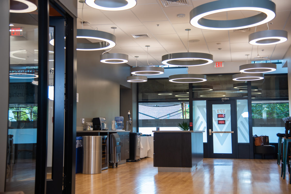 Full color interior shot of Valley Venture Hub, co-working environment in downtown Springfield, MA