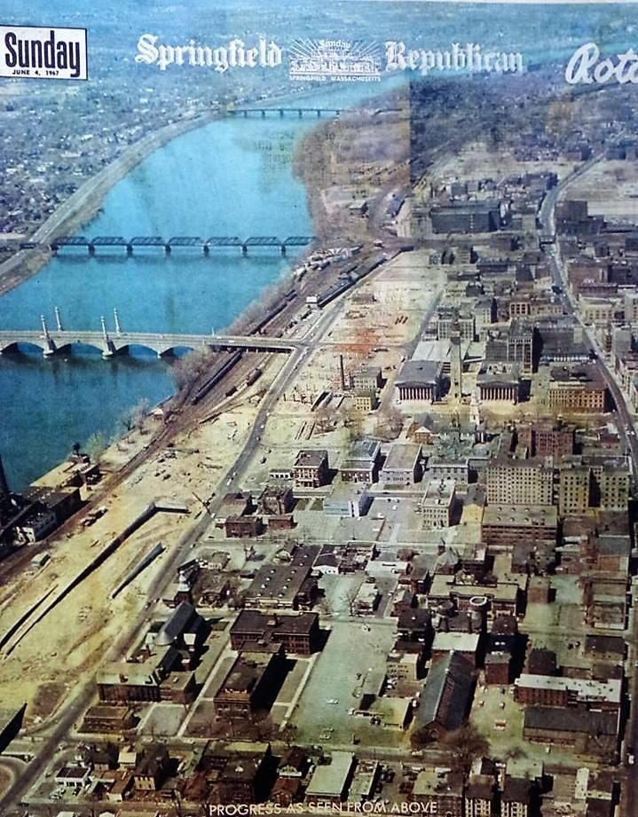 Springfield, MA circa 1960 aerial view with Connecticut River to the left