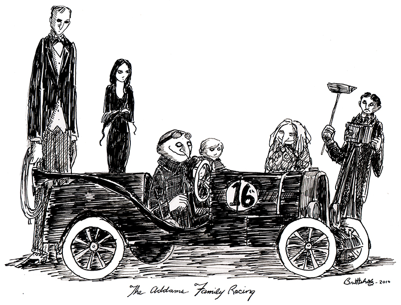 Black and White original artwork in pen and ink of Addams family by author, podcast host and illustrator Bret Herholz