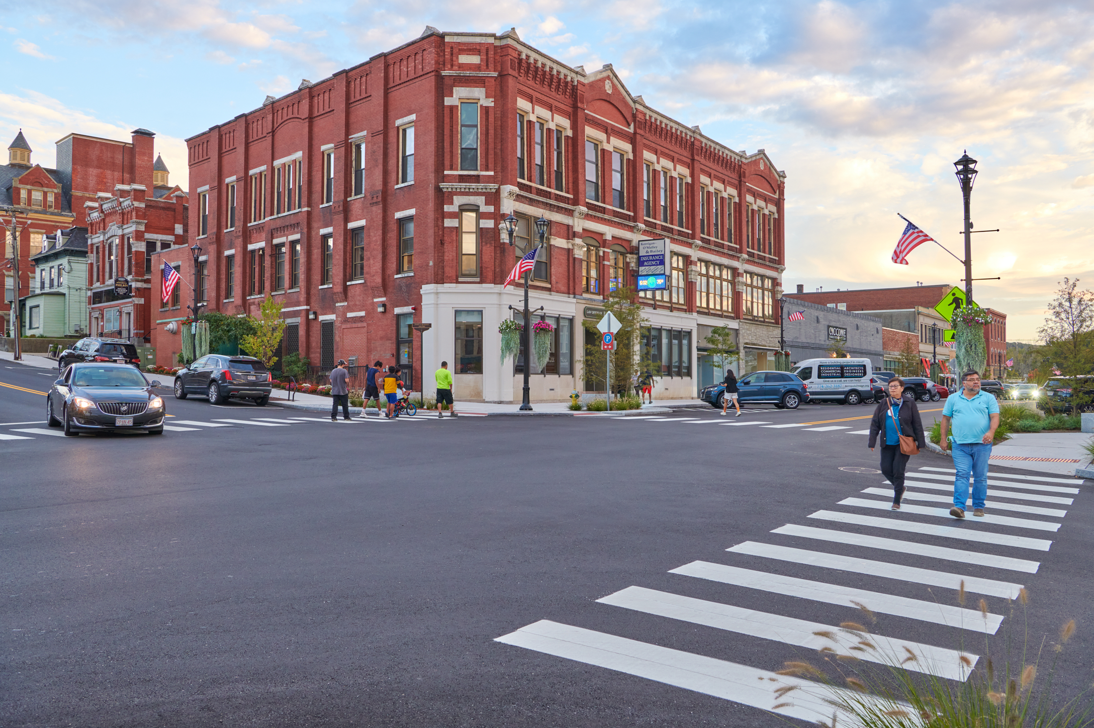 Street level full color phot of an intersection in the recently revitalized downtown of Clinton, MA