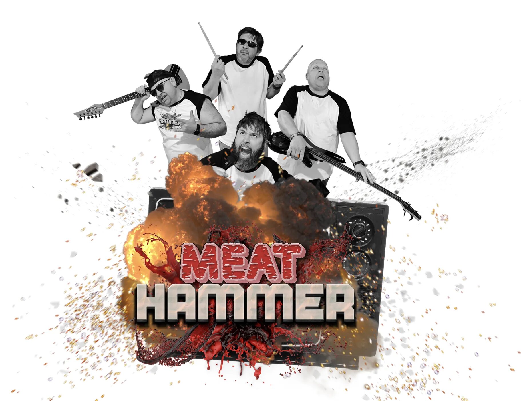 The official Image of MeatHammer. The fake Heavy Metal Rock Band made up of the Mental Suppository Crew. Image of t-shirted middle-aged white guys with guitars, drumsticks and sitting astride a platform with the letter Meat in Red and Hammer in White.