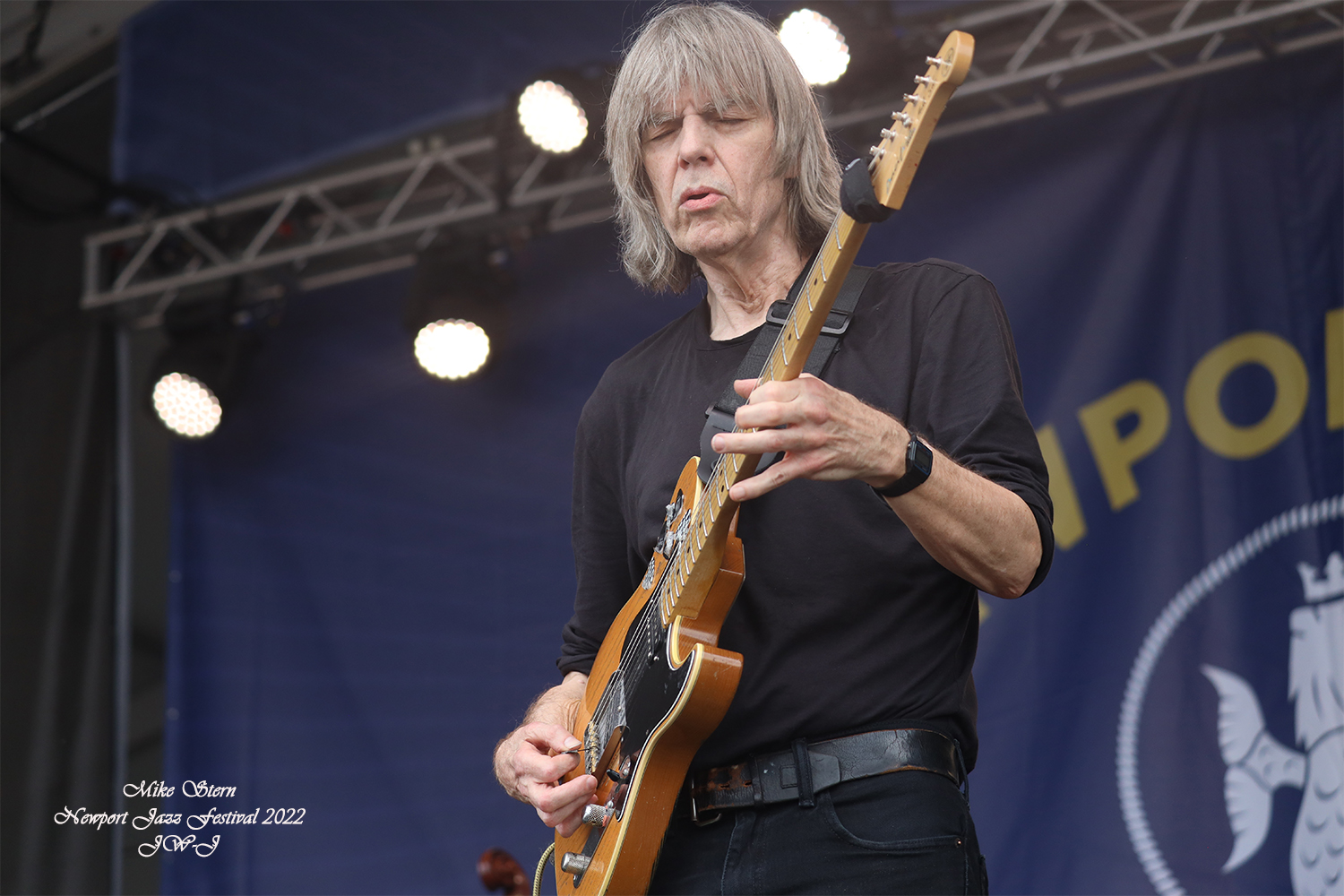 Full color shot of Mike Stern on stage at the 2022 Newport Jazz Festival in Rhode Island