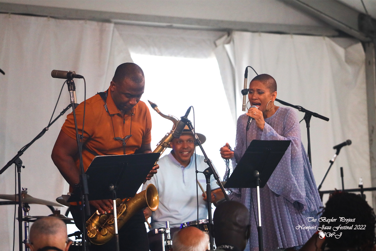 Full color shot of the Baylor Project on stage at the 2022 Newport Jazz Festival in Rhode Island
