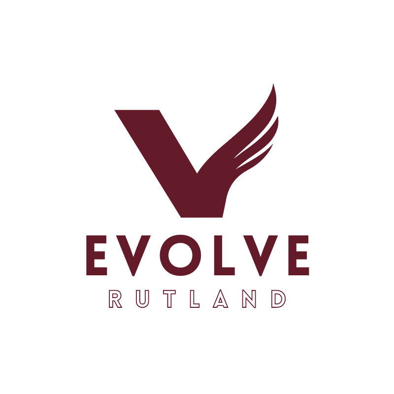 Maroon color on white logo for Evolve Rutland.  A stylized letter v with the wing of an eagle as the right-hand angle and name imprinted underneath